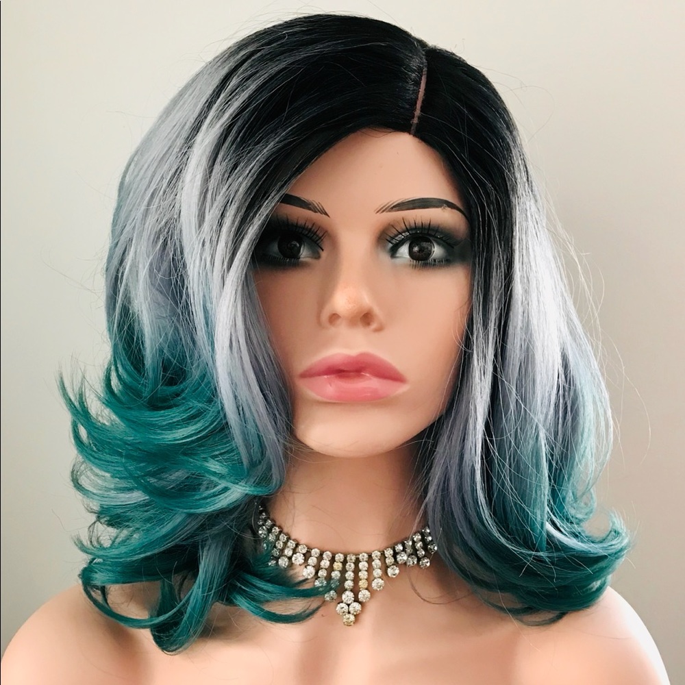 So Pretty! 14” Ombre Grey Teal “Put On & Go” Synthetic Wig